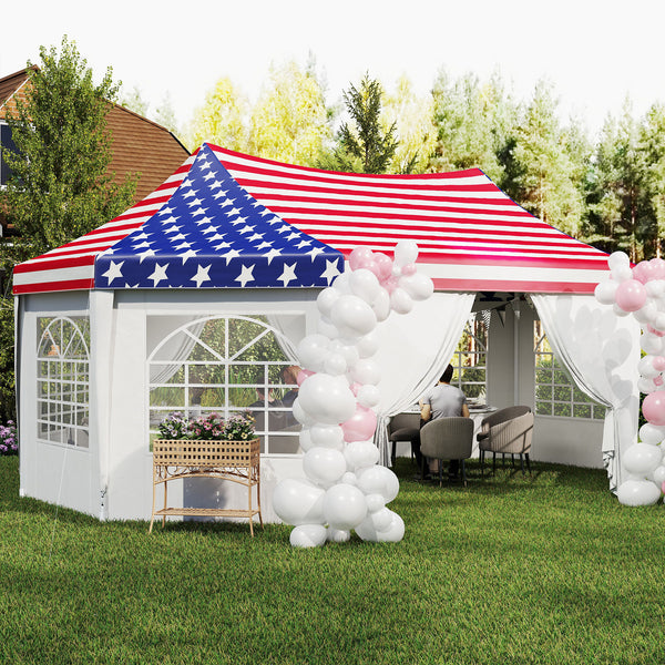 22.3 x 16.4 ft Party Tent, Heavy Duty Event Tent with Sidewalls, 2 Doors and 6 Windows, Outdoor Gazebo Shelter for Wedding, Party, American Flag