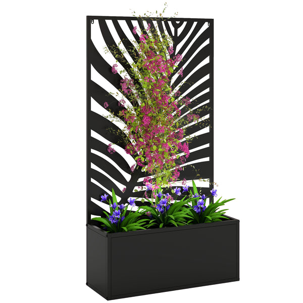 Metal Raised Garden Bed with Trellis for Climbing Plants, Freestanding or Wall Mounted Flower Bed with Privacy Panel, Large Leaf Cut-Out Outdoor Planter Box for Garden, Patio, Balcony