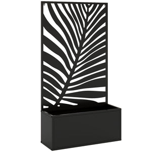 Metal Raised Garden Bed with Trellis for Climbing Plants, Freestanding or Wall Mounted Flower Bed with Privacy Panel, Large Leaf Cut-Out Outdoor Planter Box for Garden, Patio, Balcony