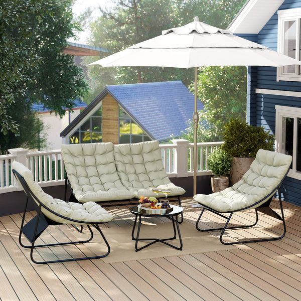 4 Seater Garden Furniture Set, Conversation Set with Loveseat Sofa, Chairs, Glass Coffee Table, Thick Cushions, Steel Outdoor Sofa for Balcony, Poolside, Conservatory, Light Grey