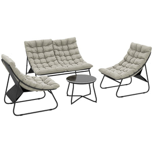 4 Seater Garden Furniture Set, Conversation Set with Loveseat Sofa, Chairs, Glass Coffee Table, Thick Cushions, Steel Outdoor Sofa for Balcony, Poolside, Conservatory, Light Grey
