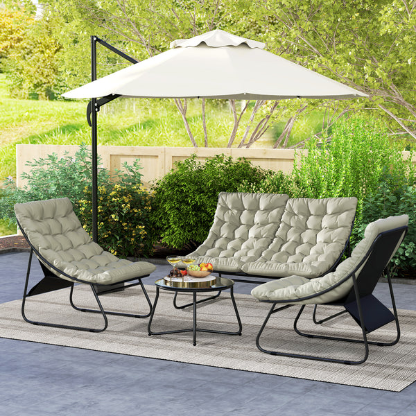 4 Seater Garden Furniture Set, Conversation Set with Loveseat Sofa, Chairs, Glass Coffee Table, Thick Cushions, Steel Outdoor Sofa for Balcony, Poolside, Conservatory, Light Grey