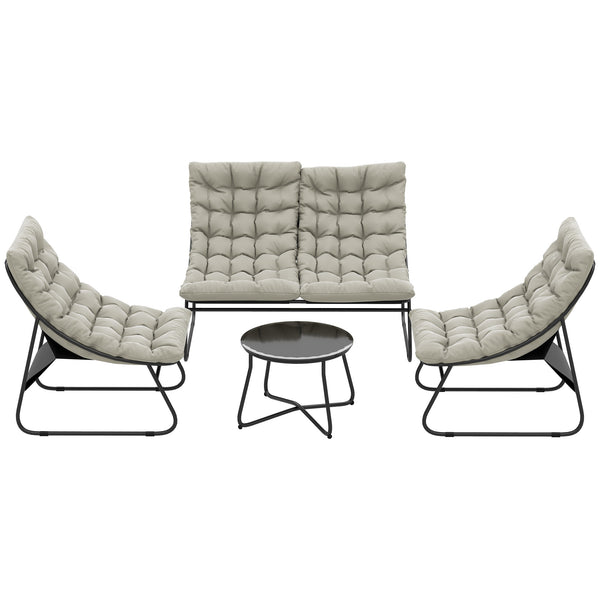4 Seater Garden Furniture Set, Conversation Set with Loveseat Sofa, Chairs, Glass Coffee Table, Thick Cushions, Steel Outdoor Sofa for Balcony, Poolside, Conservatory, Light Grey