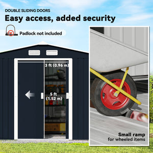 9' x 6' Garden Storage Shed with Foundation Kit, Metal Tool Storage House with Double Doors for Outdoor Patio Yard, Dark Grey