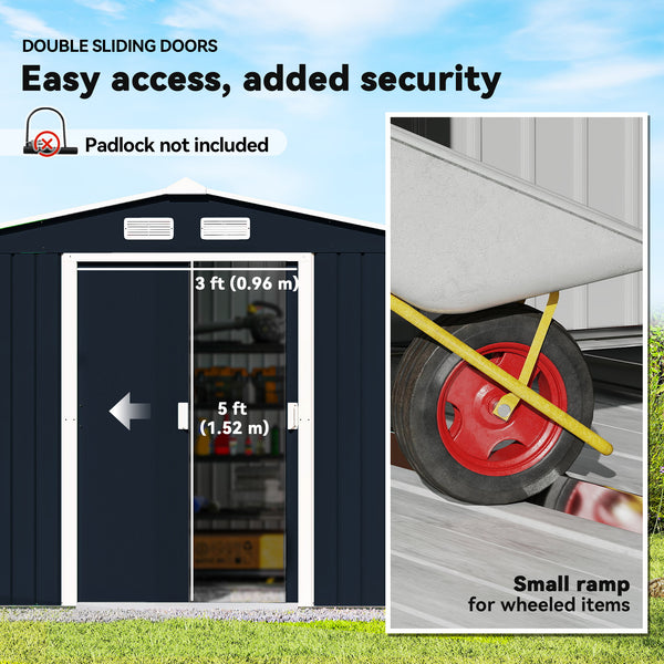 9' x 6' Garden Storage Shed with Foundation Kit, Metal Tool Storage House with Double Doors for Outdoor Patio Yard, Dark Grey