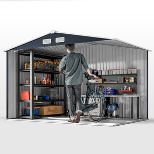 9' x 6' Garden Storage Shed with Foundation Kit, Metal Tool Storage House with Double Doors for Outdoor Patio Yard, Dark Grey