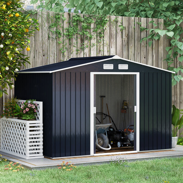 9 x 6ft Metal Garden Shed, Outdoor Storage Tool House with Ventilation Slots, Foundation Kit and Lockable Double Doors, Dark Grey
