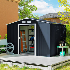 9' x 6' Garden Storage Shed with Foundation Kit, Metal Tool Storage House with Double Doors for Outdoor Patio Yard, Dark Grey