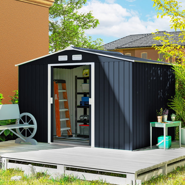 9' x 6' Garden Storage Shed with Foundation Kit, Metal Tool Storage House with Double Doors for Outdoor Patio Yard, Dark Grey