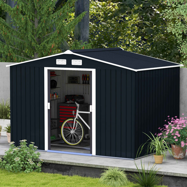 9 x 6ft Metal Garden Shed, Outdoor Storage Tool House with Ventilation Slots, Foundation Kit and Lockable Double Doors, Dark Grey
