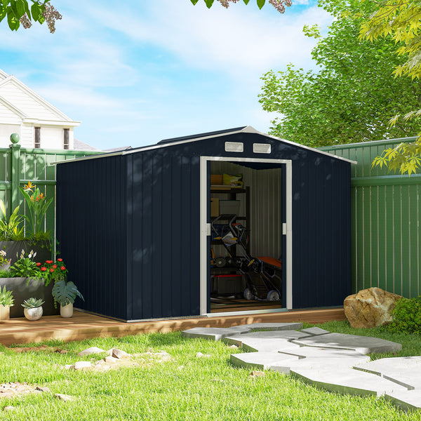 9' x 6' Garden Storage Shed with Foundation Kit, Metal Tool Storage House with Double Doors for Outdoor Patio Yard, Dark Grey