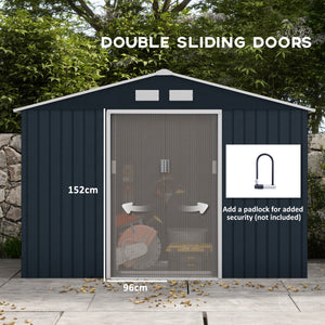 9 x 6ft Metal Garden Shed, Outdoor Storage Tool House with Ventilation Slots, Foundation Kit and Lockable Double Doors, Dark Grey