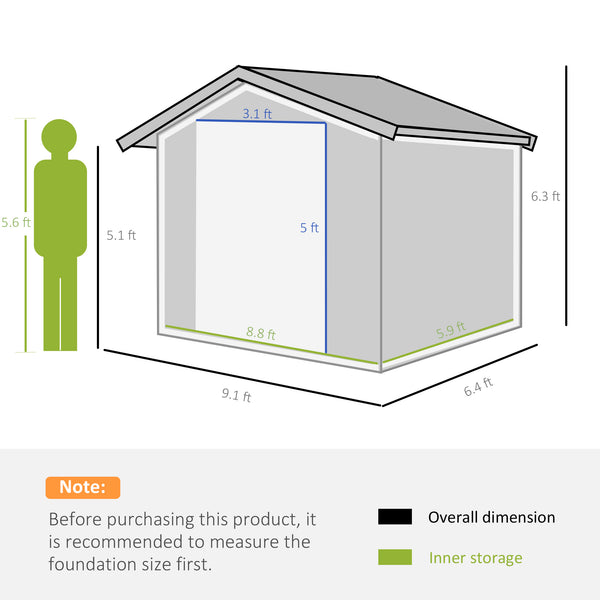 9 x 6ft Metal Garden Shed, Outdoor Storage Tool House with Ventilation Slots, Foundation Kit and Lockable Double Doors, Dark Grey