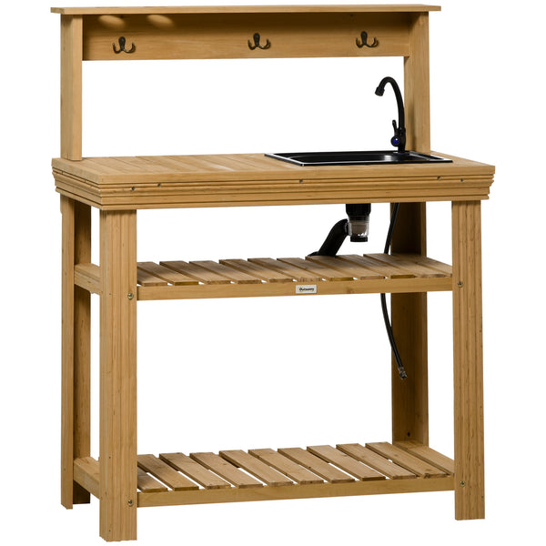 Outdoor Potting Bench Table with Faucet, Removable Sink, Hooks and Storage Shelves, Wood Work Bench Workstation for Greenhouse, Garden, Patio