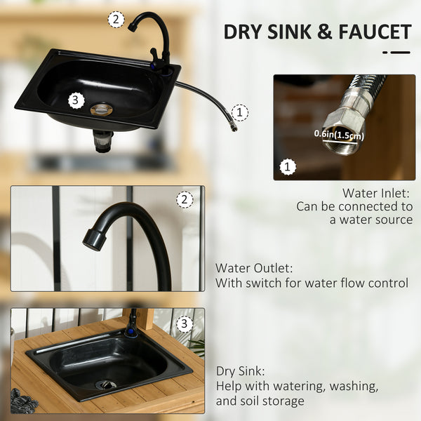 Outdoor Potting Bench Table with Faucet, Removable Sink, Hooks and Storage Shelves, Wood Work Bench Workstation for Greenhouse, Garden, Patio