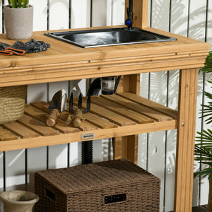 Outdoor Potting Bench Table with Faucet, Removable Sink, Hooks and Storage Shelves, Wood Work Bench Workstation for Greenhouse, Garden, Patio