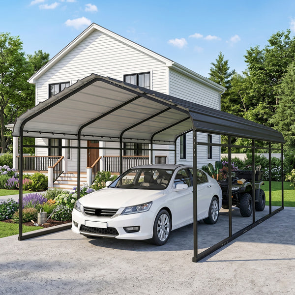 12' x 20' x 8.5' Heavy Duty Metal Carport, Waterproof Car Shelter Garage Canopy with Galvanized Metal Roof and Removable Sidewalls for Cars, Boats and Trucks, Light Grey