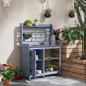 Outsunny Outdoor Wooden Potting Bench Table, Garden Workstation with Storage Cabinet, Storage Shelves for Backyard, Patio, Balcony, Gray