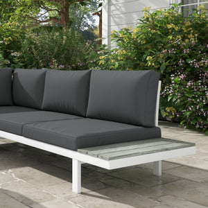 4 Pieces Patio Garden Set with 5-Level Recline Corner Sofa, Outdoor Garden Lounge Sectional Conversation Sofa Set with Cushions, Wood Grain Plastic Table, White  Frame Grey Cushion