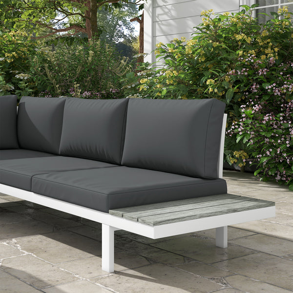 4 Pieces Patio Garden Set with 5-Level Recline Corner Sofa, Outdoor Garden Lounge Sectional Conversation Sofa Set with Cushions, Wood Grain Plastic Table, White  Frame Grey Cushion