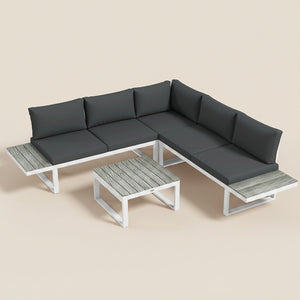 4 Pieces Patio Garden Set with 5-Level Recline Corner Sofa, Outdoor Garden Lounge Sectional Conversation Sofa Set with Cushions, Wood Grain Plastic Table, White  Frame Grey Cushion