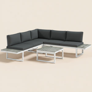 4 Pieces Patio Garden Set with 5-Level Recline Corner Sofa, Outdoor Garden Lounge Sectional Conversation Sofa Set with Cushions, Wood Grain Plastic Table, White  Frame Grey Cushion