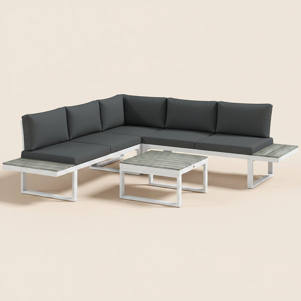 4 Pieces Patio Garden Set with 5-Level Recline Corner Sofa, Outdoor Garden Lounge Sectional Conversation Sofa Set with Cushions, Wood Grain Plastic Table, White  Frame Grey Cushion