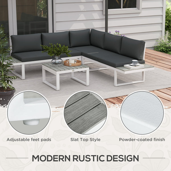 4 Pieces Patio Garden Set with 5-Level Recline Corner Sofa, Outdoor Garden Lounge Sectional Conversation Sofa Set with Cushions, Wood Grain Plastic Table, White  Frame Grey Cushion