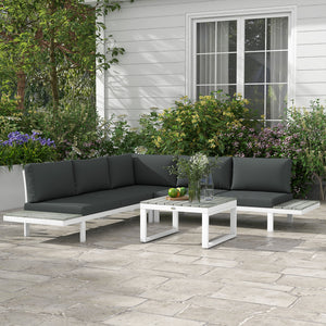 4 Pieces Patio Garden Set with 5-Level Recline Corner Sofa, Outdoor Garden Lounge Sectional Conversation Sofa Set with Cushions, Wood Grain Plastic Table, White  Frame Grey Cushion