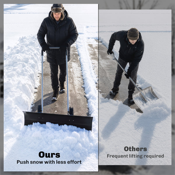 37-Inch Extra Wide Snow Shovel with Wheels, Heavy Duty Aluminum Snow Pusher with Ergonomic Adjustable Handle, Angled Blade and Non-Slip Grip for Driveway, Sidewalks, Garden, Deck, Black
