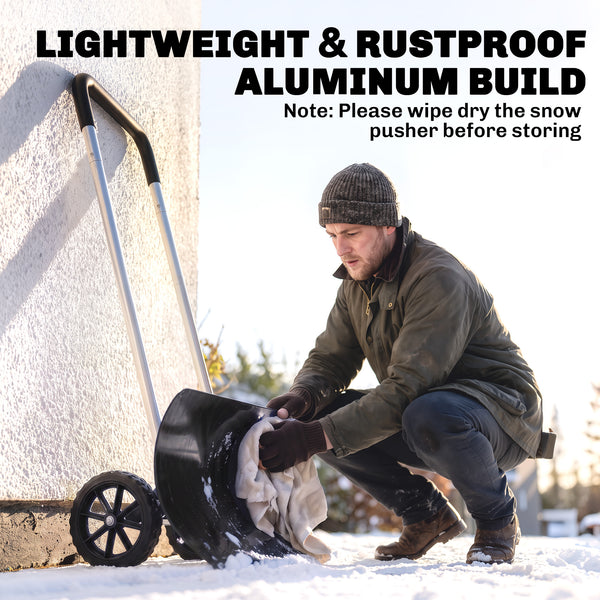 Snow Shovel with Wheels, 37-Inch Extra Wide Heavy Duty Aluminum Snow Pusher with Ergonomic Adjustable Handle, Angled Blade, Non-Slip Grip for Driveway, Sidewalks, Black