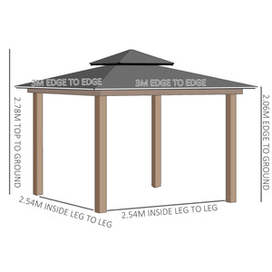 3 x 3 (m) Outdoor Polycarbonate Gazebo, Double Roof Hard Top Gazebo with Galvanised Steel Frame, Nettings & Curtains for Garden, Lawn, Patio and Deck, Khaki