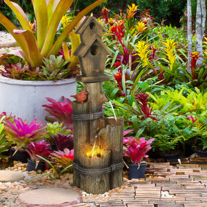 Outdoor Fountain with Birdhouse, Cascading Garden Waterfall Bird Bath with 3-Tier Rustic Tree Trunk / Log Design, LED Lights for Porch, Deck, Yard Decor, Brown
