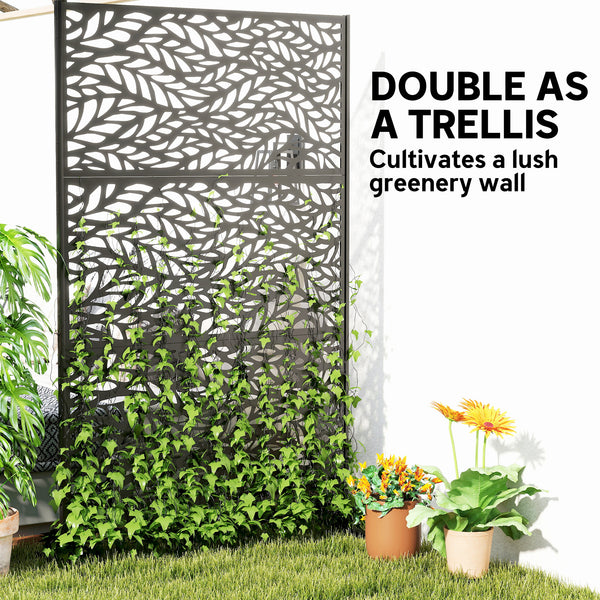 Metal Outdoor Privacy Screen, 78" x 48" Freestanding Outdoor Divider with Stand, Decorative Privacy Panel with Willow Branch Cut-out Design for Garden Backyard, Black