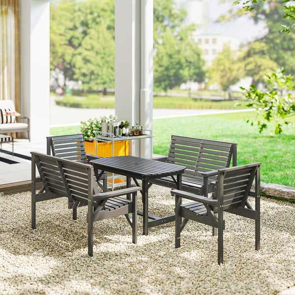 5 Piece Wooden Garden Dining Set for 6, Outdoor Conversation Set with 2 Armchairs, 2 Loveseats and Dining Table with Umbrella Hole for Patio, Balcony, Grey