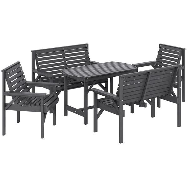 5 Piece Wooden Garden Dining Set for 6, Outdoor Conversation Set with 2 Armchairs, 2 Loveseats and Dining Table with Umbrella Hole for Patio, Balcony, Grey
