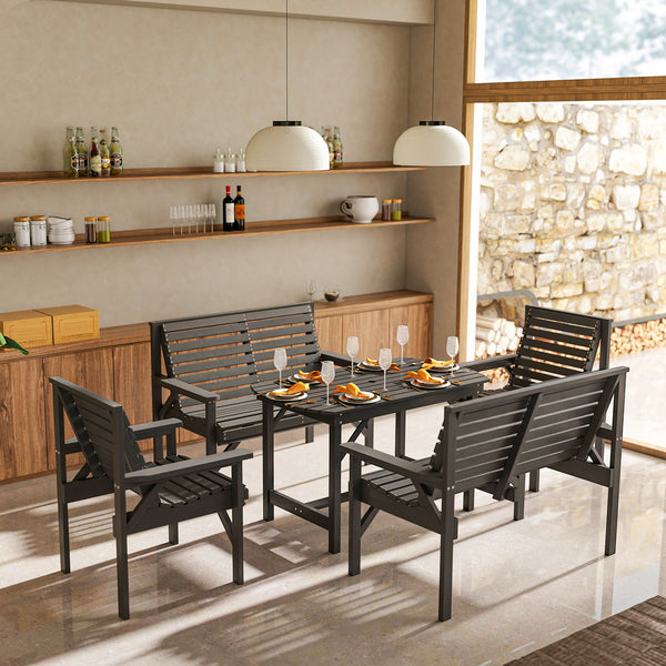 5 Piece Wooden Garden Dining Set for 6, Outdoor Conversation Set with 2 Armchairs, 2 Loveseats and Dining Table with Umbrella Hole for Patio, Balcony, Grey