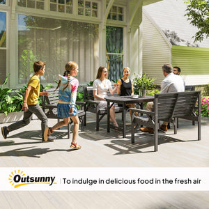 5 Piece Wooden Garden Dining Set for 6, Outdoor Conversation Set with 2 Armchairs, 2 Loveseats and Dining Table with Umbrella Hole for Patio, Balcony, Grey