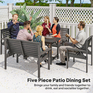 5 Piece Wooden Garden Dining Set for 6, Outdoor Conversation Set with 2 Armchairs, 2 Loveseats and Dining Table with Umbrella Hole for Patio, Balcony, Grey