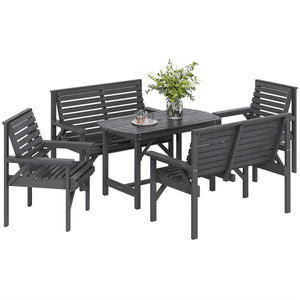 5 Piece Wooden Garden Dining Set for 6, Outdoor Conversation Set with 2 Armchairs, 2 Loveseats and Dining Table with Umbrella Hole for Patio, Balcony, Grey