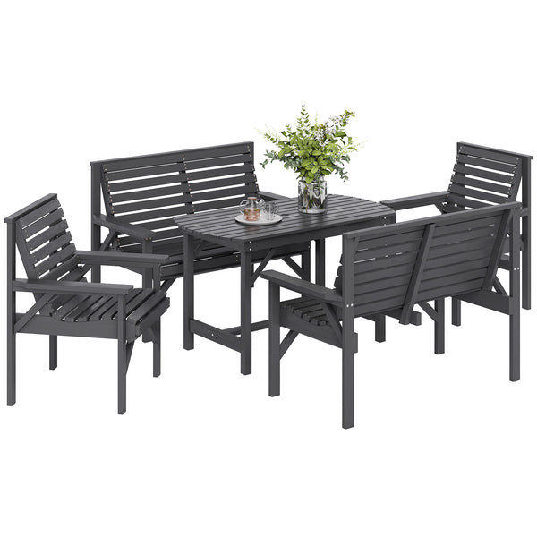 5 Piece Wooden Garden Dining Set for 6, Outdoor Conversation Set with 2 Armchairs, 2 Loveseats and Dining Table with Umbrella Hole for Patio, Balcony, Grey
