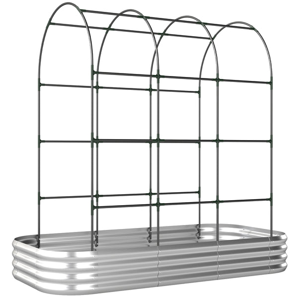 Galvanised Raised Garden Bed with Arched Trellis, 7 x 4 x 7ft Metal Outdoor Planter Box with Open Bottom Design, Modular Raised Bed with Gloves, Easy Assembly, Silver