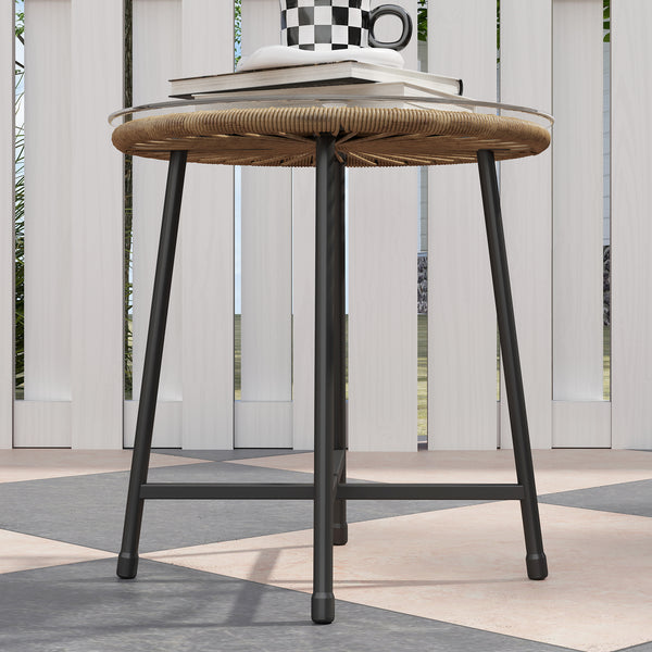 3 Pieces Rattan Bistro Set, Wicker Small Garden Table and Chairs Set with Cushions and Glass Top Coffee Table, Bistro Garden Furniture Set for Outdoor, Patio, Balcony, Natural