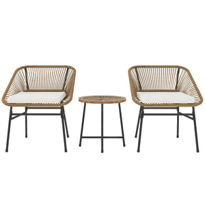 3 Pieces Rattan Bistro Set, Wicker Small Garden Table and Chairs Set with Cushions and Glass Top Coffee Table, Bistro Garden Furniture Set for Outdoor, Patio, Balcony, Natural