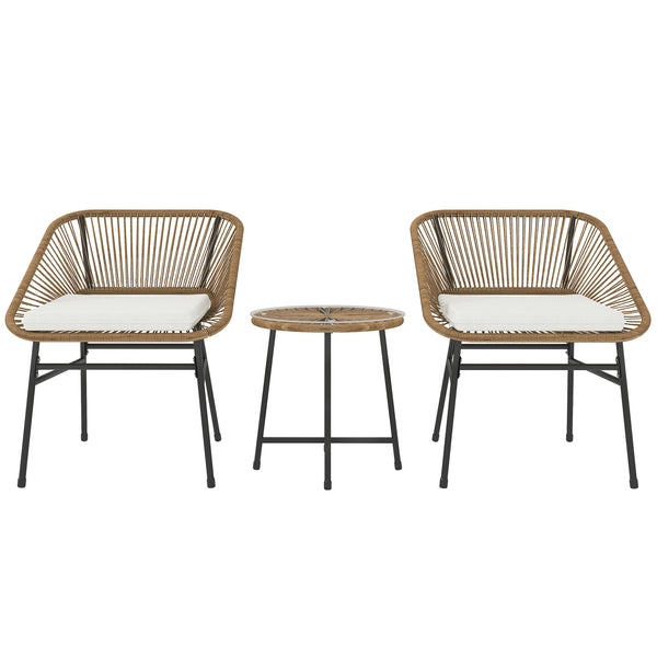 3 Pieces Rattan Bistro Set, Wicker Small Garden Table and Chairs Set with Cushions and Glass Top Coffee Table, Bistro Garden Furniture Set for Outdoor, Patio, Balcony, Natural