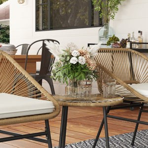 3 Pieces Rattan Bistro Set, Wicker Small Garden Table and Chairs Set with Cushions and Glass Top Coffee Table, Bistro Garden Furniture Set for Outdoor, Patio, Balcony, Natural