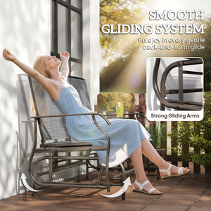 2 Seats Garden Glider Bench, Metal Frame Loveseat with Glass Top  Centre Table, Porch Rocking Glider for 2 Person, for Deck, Patio, Brown/ Grey