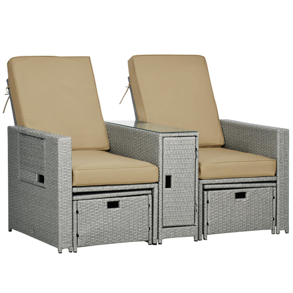 5PC Wicker Patio Lounger, Outdoor PE Rattan 5-level Adjustable Recliner Sofa Bed with Storage Side Table and Footstools, for Patio, Garden, Poolside, Khaki