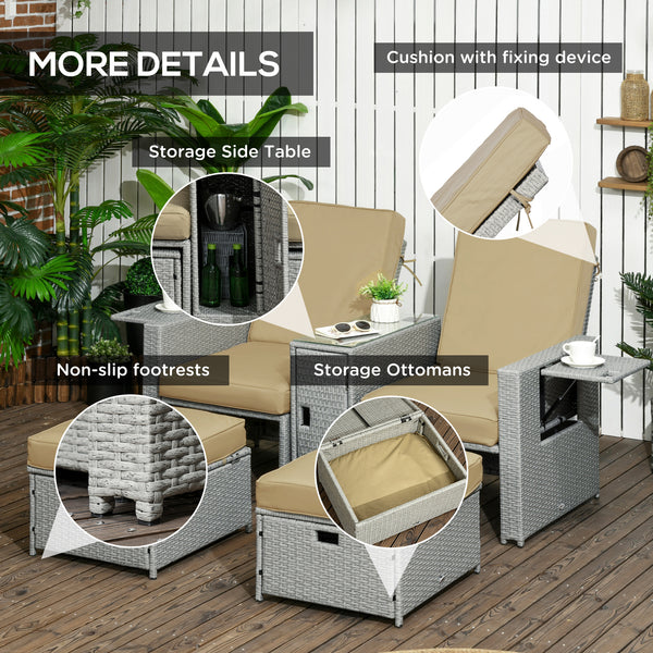 5PC Wicker Patio Lounger, Outdoor PE Rattan 5-level Adjustable Recliner Sofa Bed with Storage Side Table and Footstools, for Patio, Garden, Poolside, Khaki