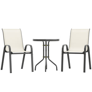 Outsunny 3 Pieces Outdoor Bistro Set, Small Patio Set with Stackable Mesh Chairs and Glass Top Table, High Back Patio Furniture Set for Backyard, Balcony, Garden, Beige